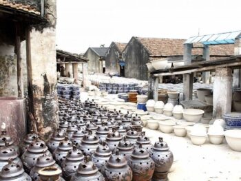 Panoramic view of ceramic art at Bat Trang village, showcasing traditional Vietnamese pottery craftsmanship.